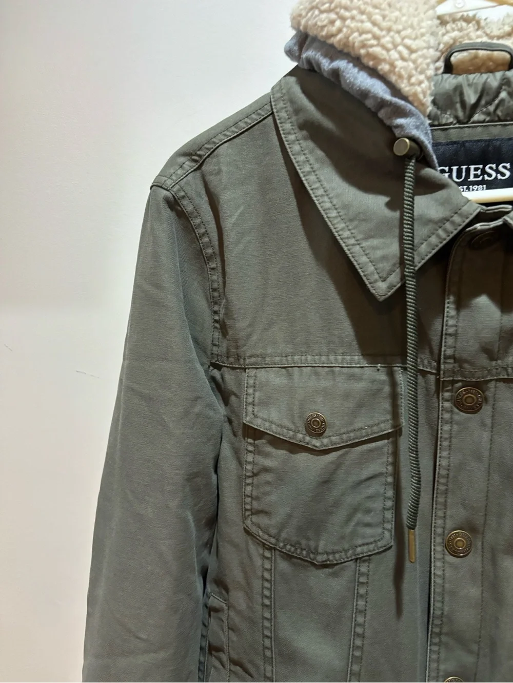 GUESS Olive Green Hooded Military-Style Jacket with Sherpa Trim